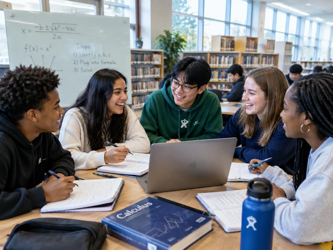 Group of students working through maths problems together around a table