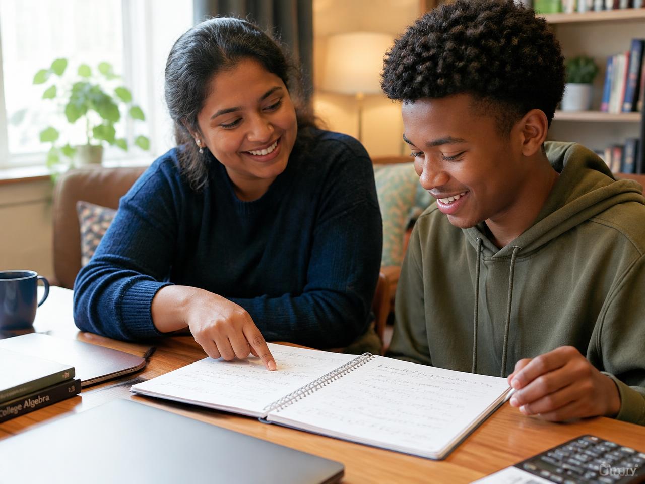 Tutor pointing to a worked example while a student follows along