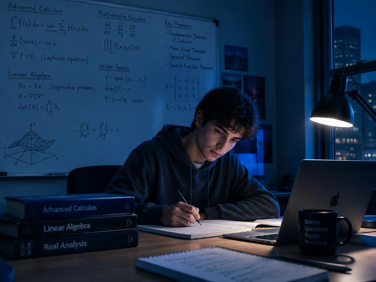 University student studying advanced calculus and linear algebra at a desk
